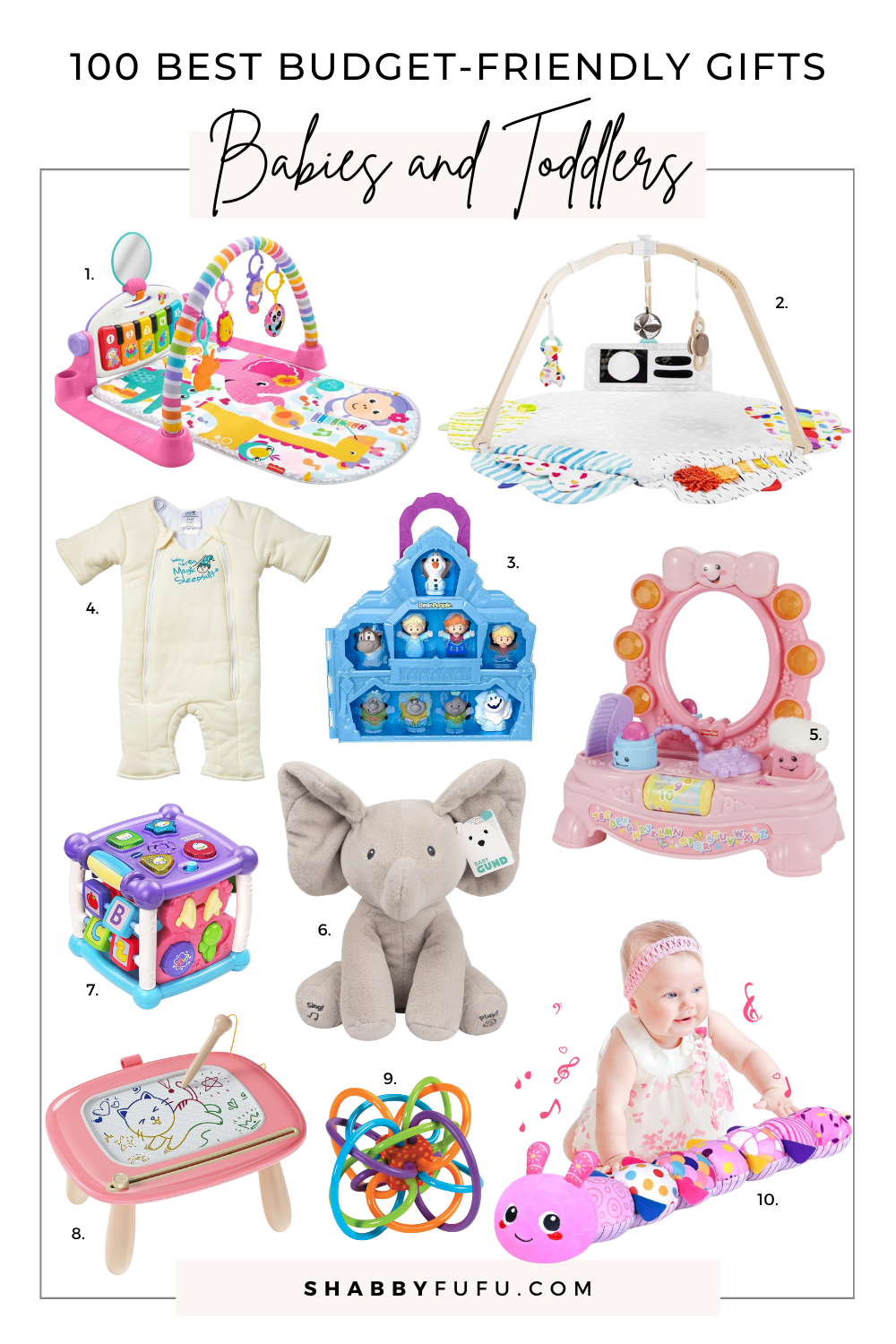 Collage image featuring different products titled "100 Best Budget Friendly Holiday Gifts For Babies and Toddlers"