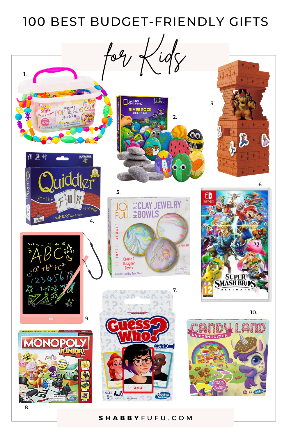 Collage image featuring different products titled "100 Best Budget Friendly Holiday Gifts For Kids"