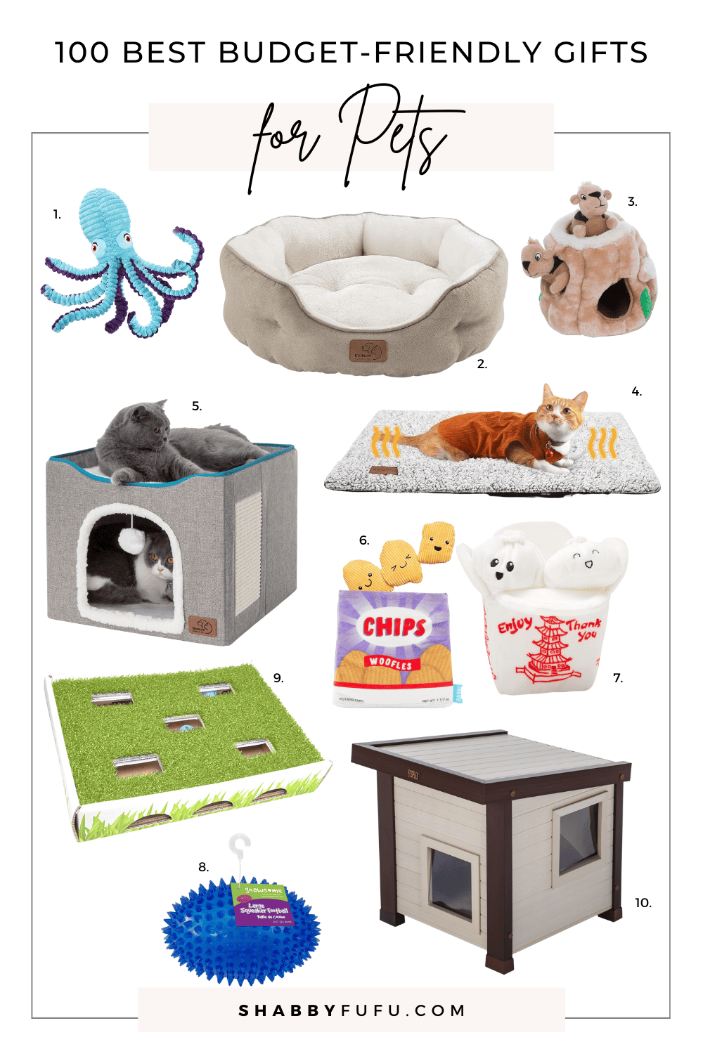 Collage image featuring different products titled "100 Best Budget Friendly Holiday Gifts For Pets"