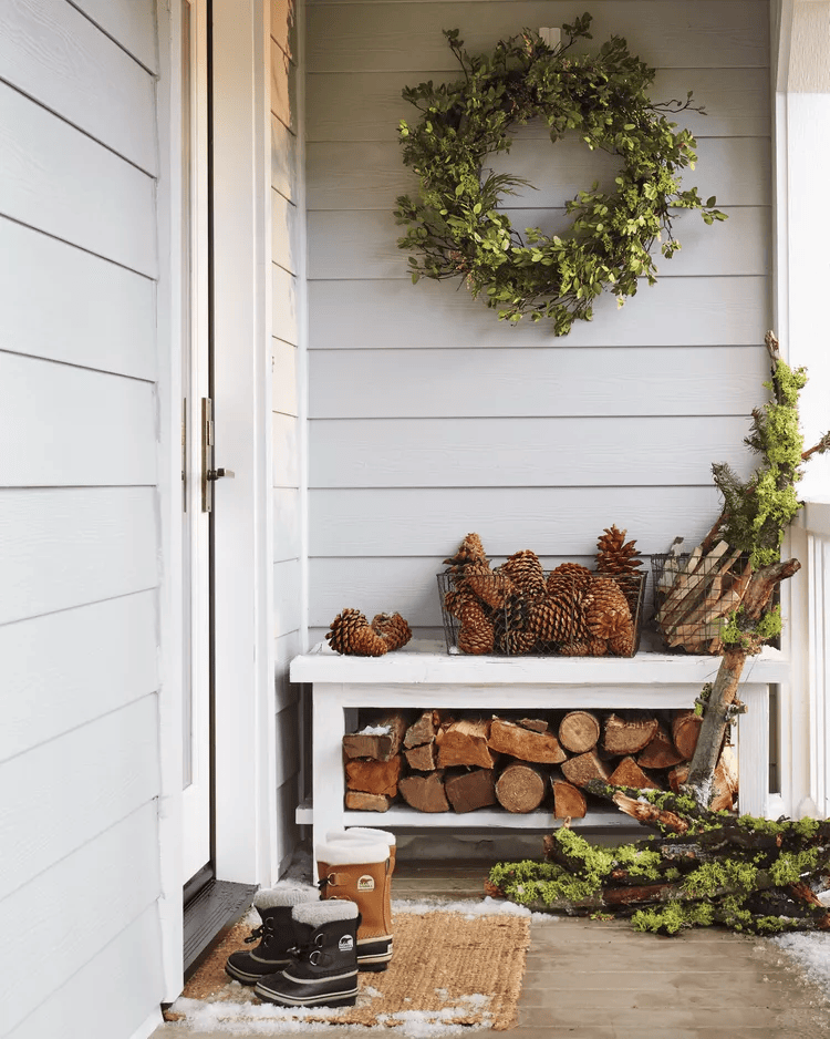 Front porch with wood logs featured outdoor decorating ideas