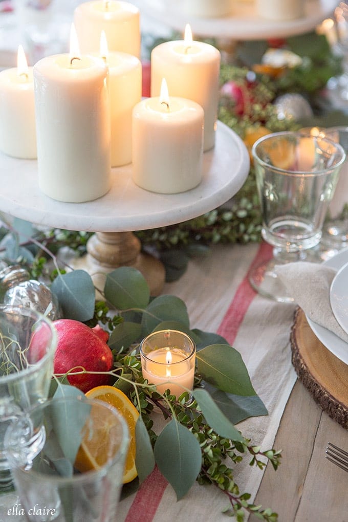Traditional centerpiece idea featuring white pillar candles