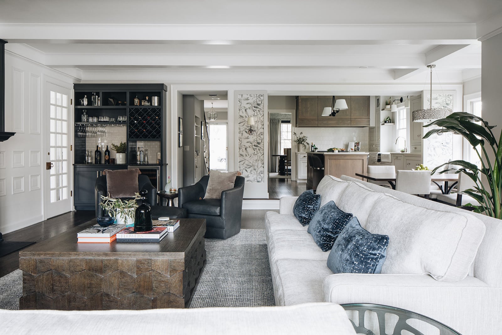 Home tour featuring family room with modern and traditional decor in dark blue, cream and charcoal