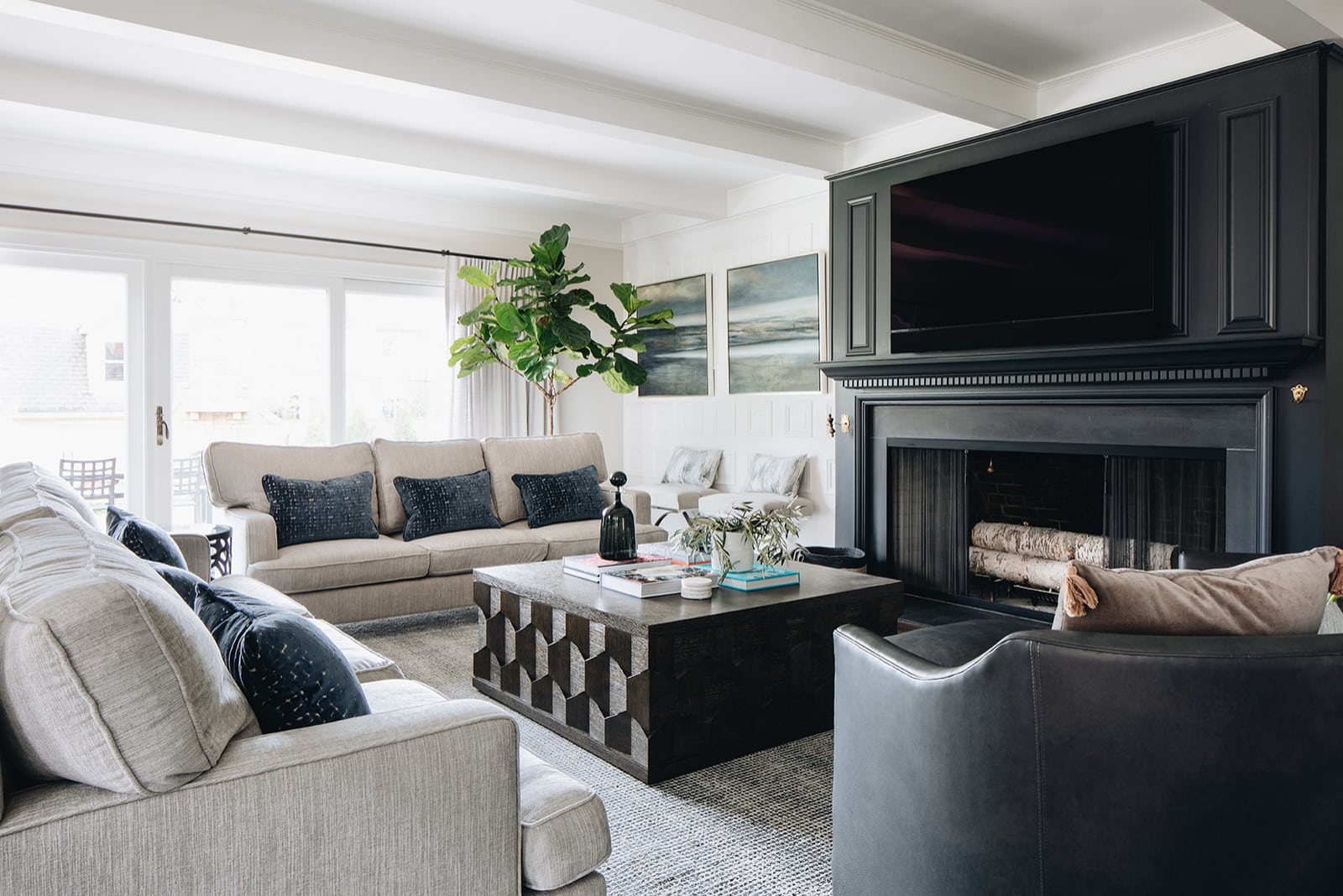Home tour featuring family room with modern and traditional decor in dark blue, cream and charcoal