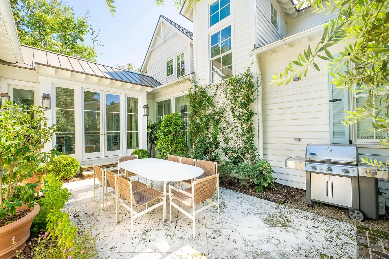Outdoor seating area patio featured in Julia Berolzheimer home tour