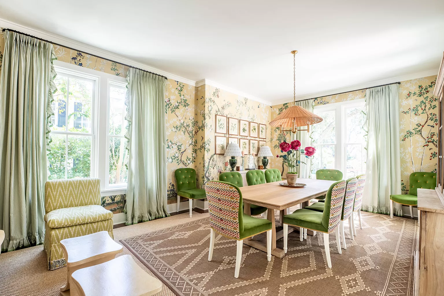 Dining room traditional decor showcasing vibrant blue and green featured in Julia Berolzheimer home tour