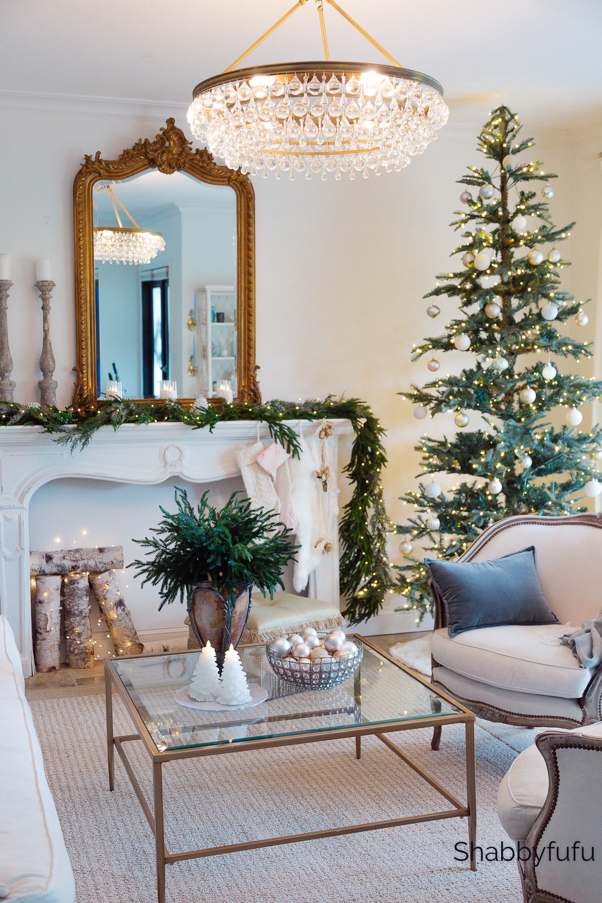 French country inspired living room at Christmas
