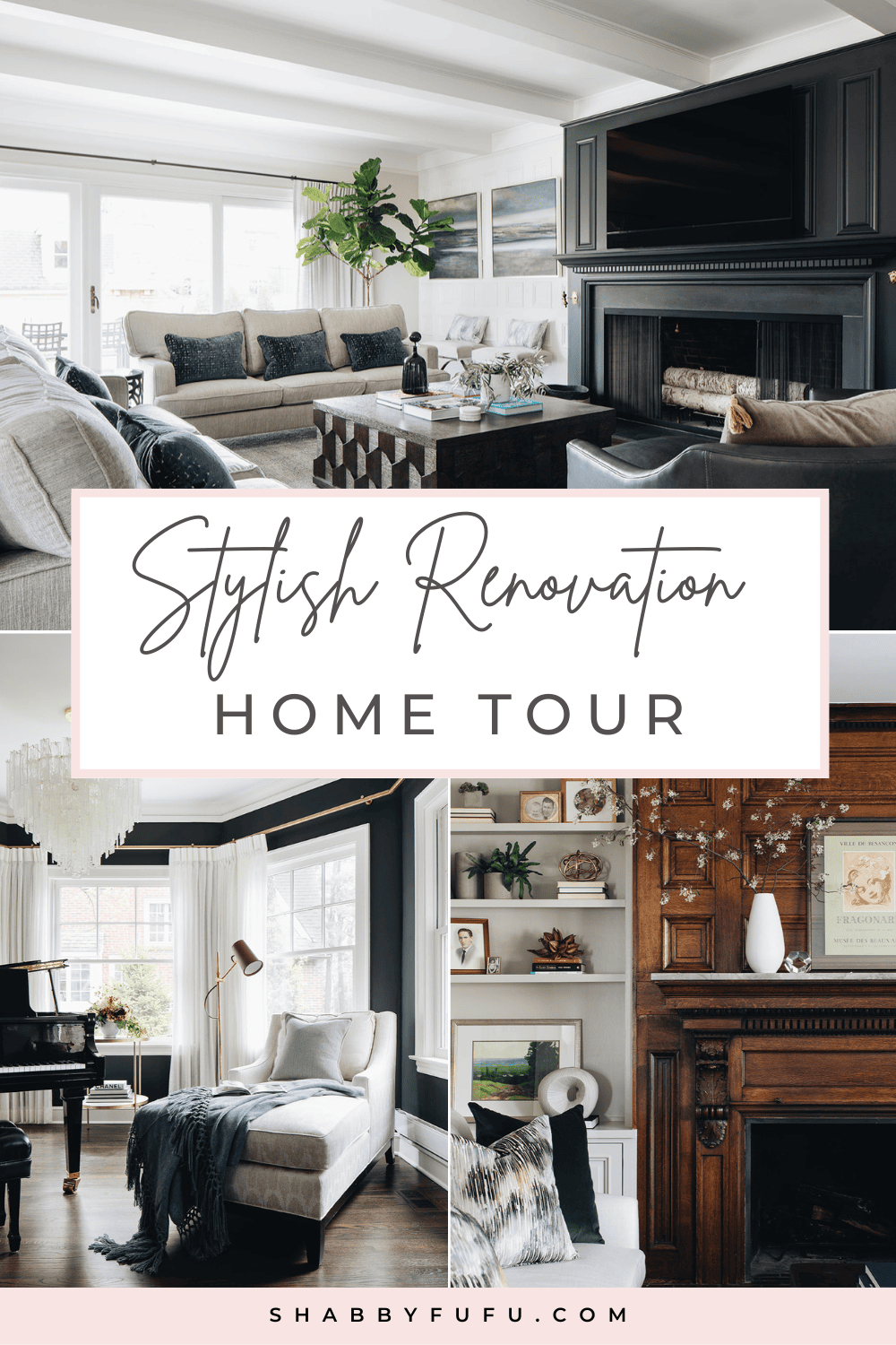 Pinterest decorfative graphic featuring a collage of pictures from home tour titled "Stylish Renovation Home Tour"