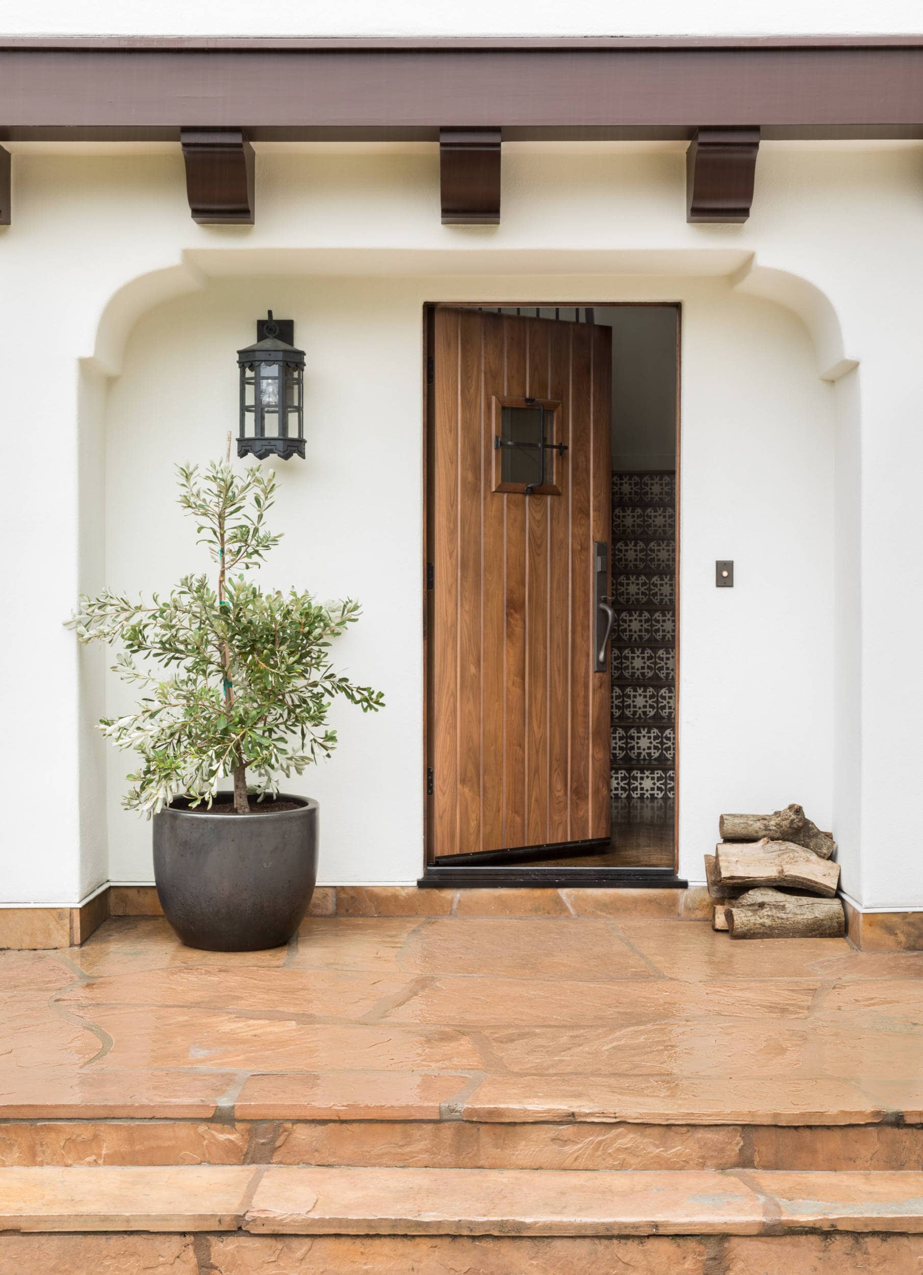 California Casual Design home tour in Hillsborough featuring front door in spanish colonial style
