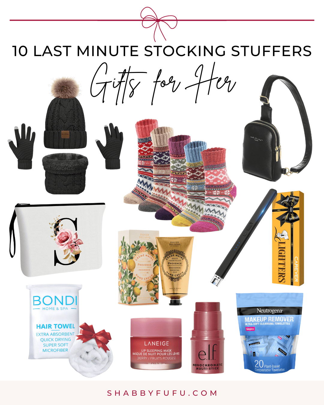 Pinterest decorative collage featuring items and products titled "10 Last Minute Stocking Stuffers For Her"