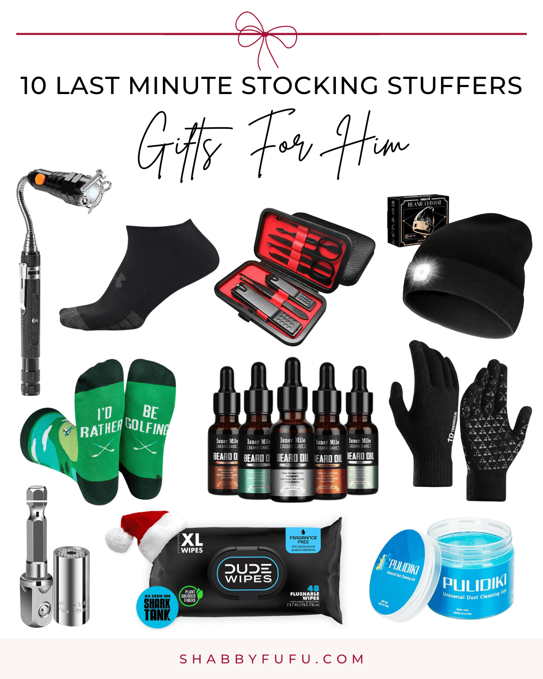 Pinterest decorative collage featuring items and products titled "10 Last Minute Stocking Stuffers For Him"
