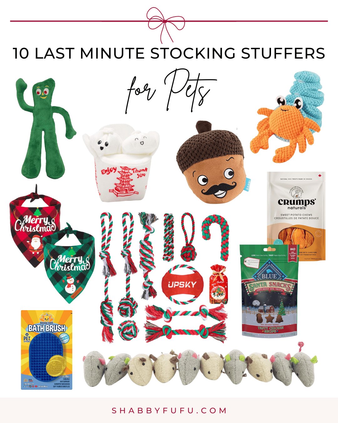 Pinterest decorative collage featuring items and products titled "10 Last Minute Stocking Stuffers For Pets"