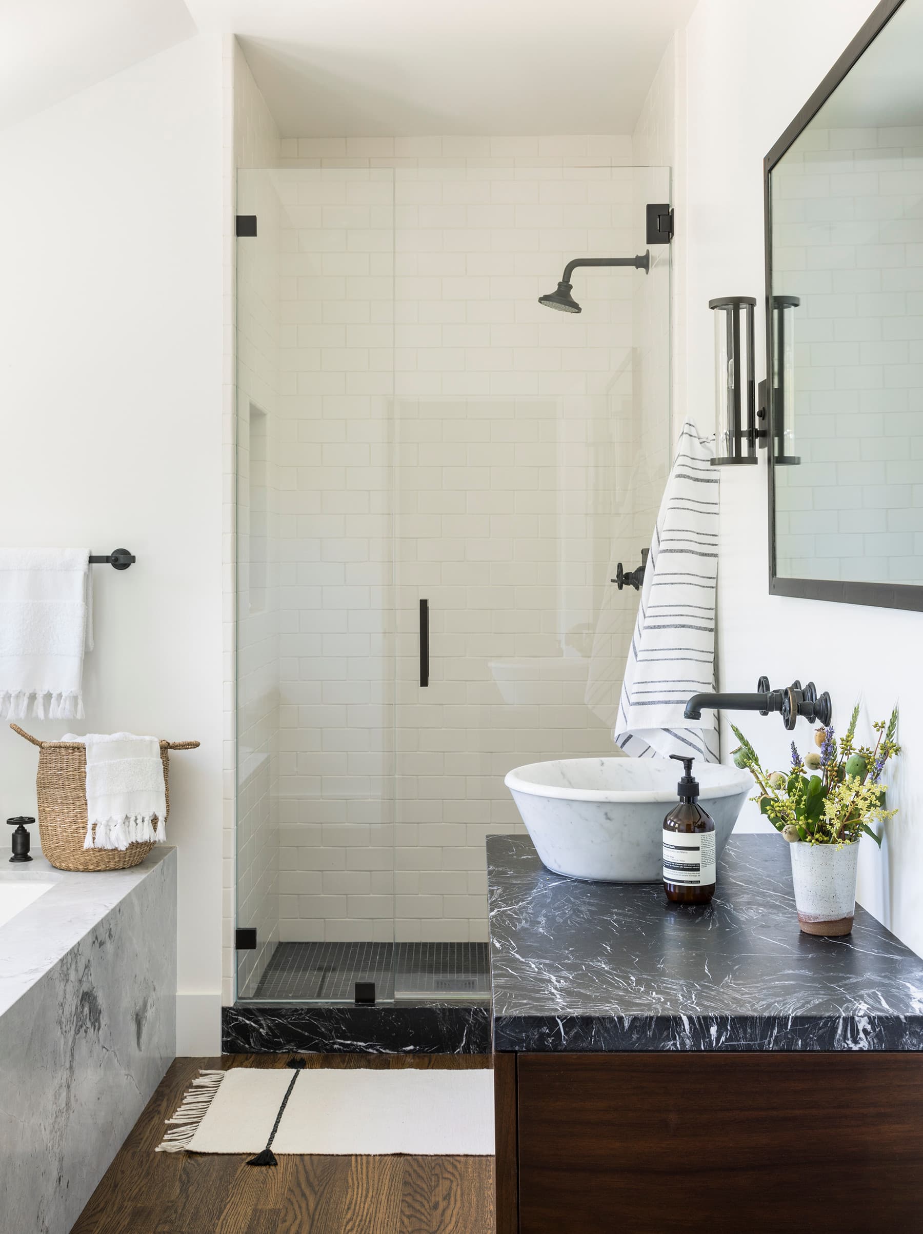 California Casual Design home tour in Hillsborough featuring modern bathroom with marble
