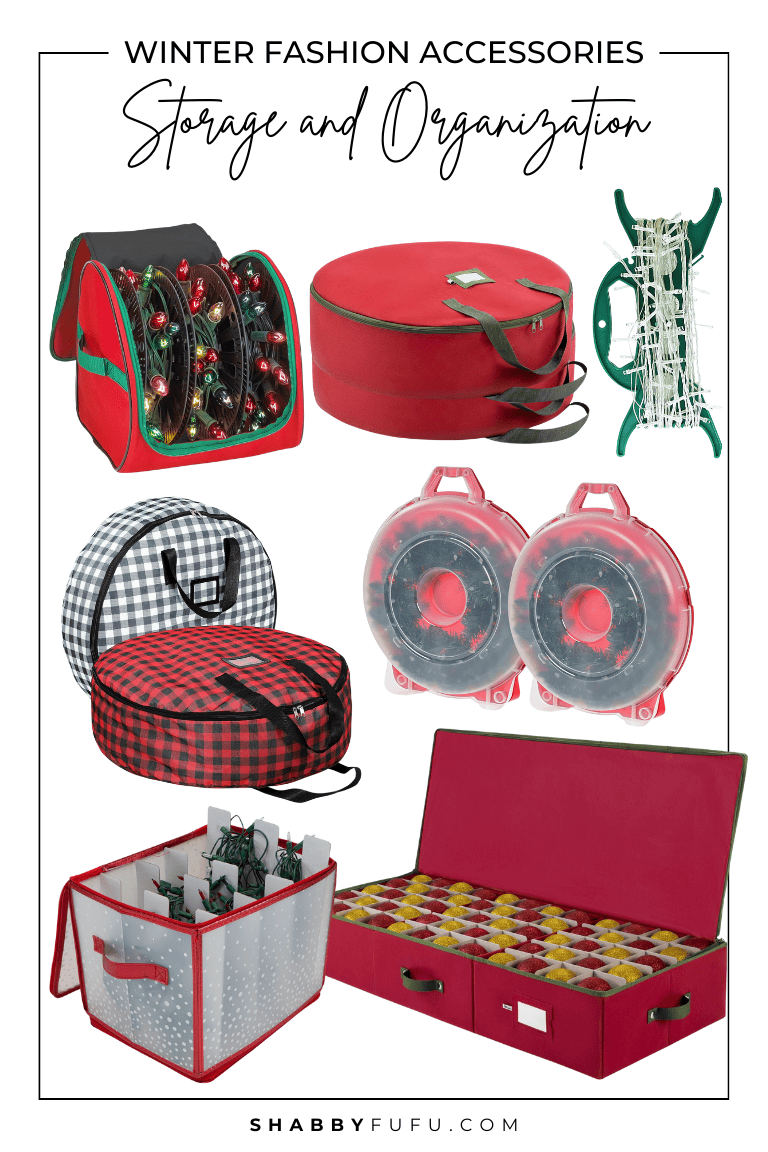 collage image of storage products titled "Christmas Decorations Storage and Organization"