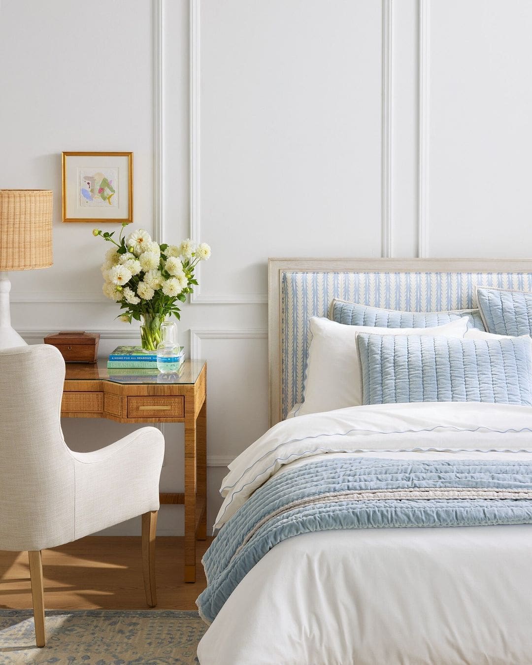home decor design trends for 2024 featuring blue bedroom bedding in traditional style