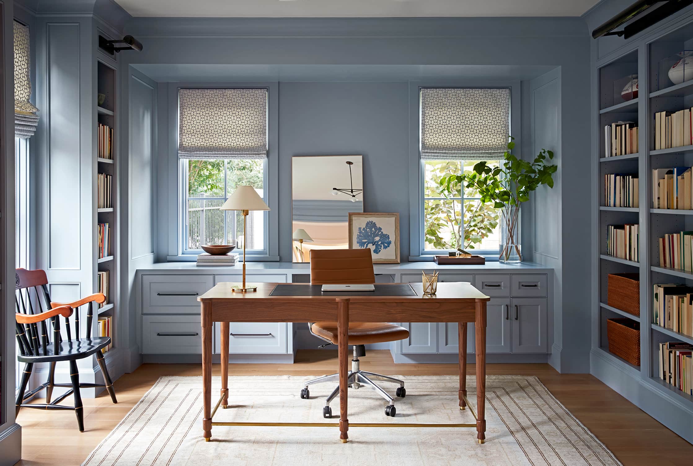 home decor design trends for 2024 featuring blue home office in traditional style