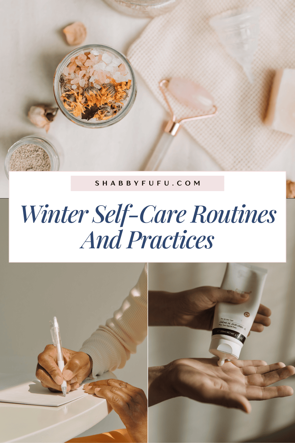 Decorative Pinterest graphic with lifestyle collage images titled "Winter self-care routines and practices"