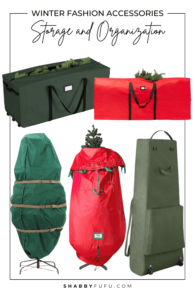 collage image of storage products titled "Christmas Decorations Storage and Organization"