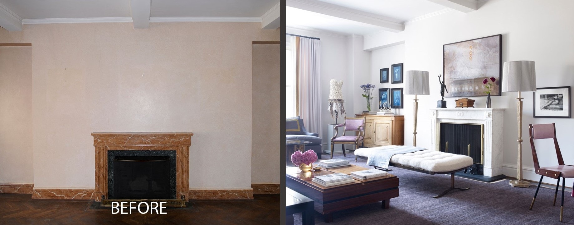 Before and after image of living room and kitchen design by designer Wesley Moon