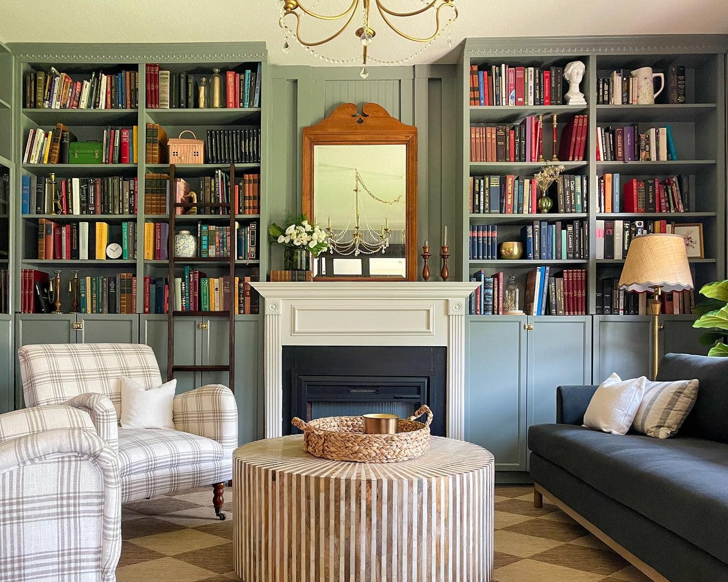Green bookshelf - green home decor idea in traditional living room