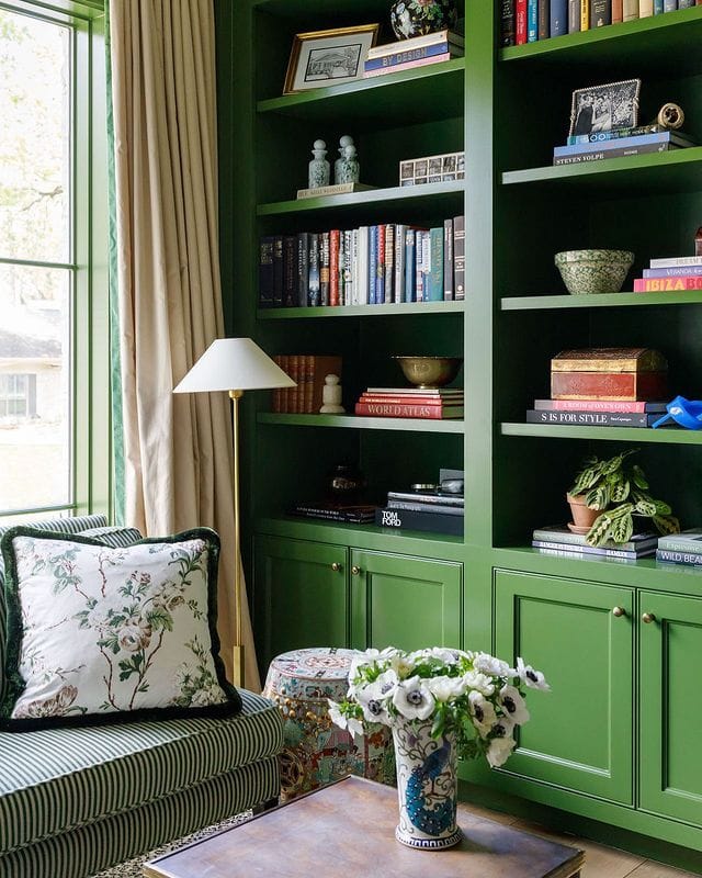 Green bookshelve home decor idea