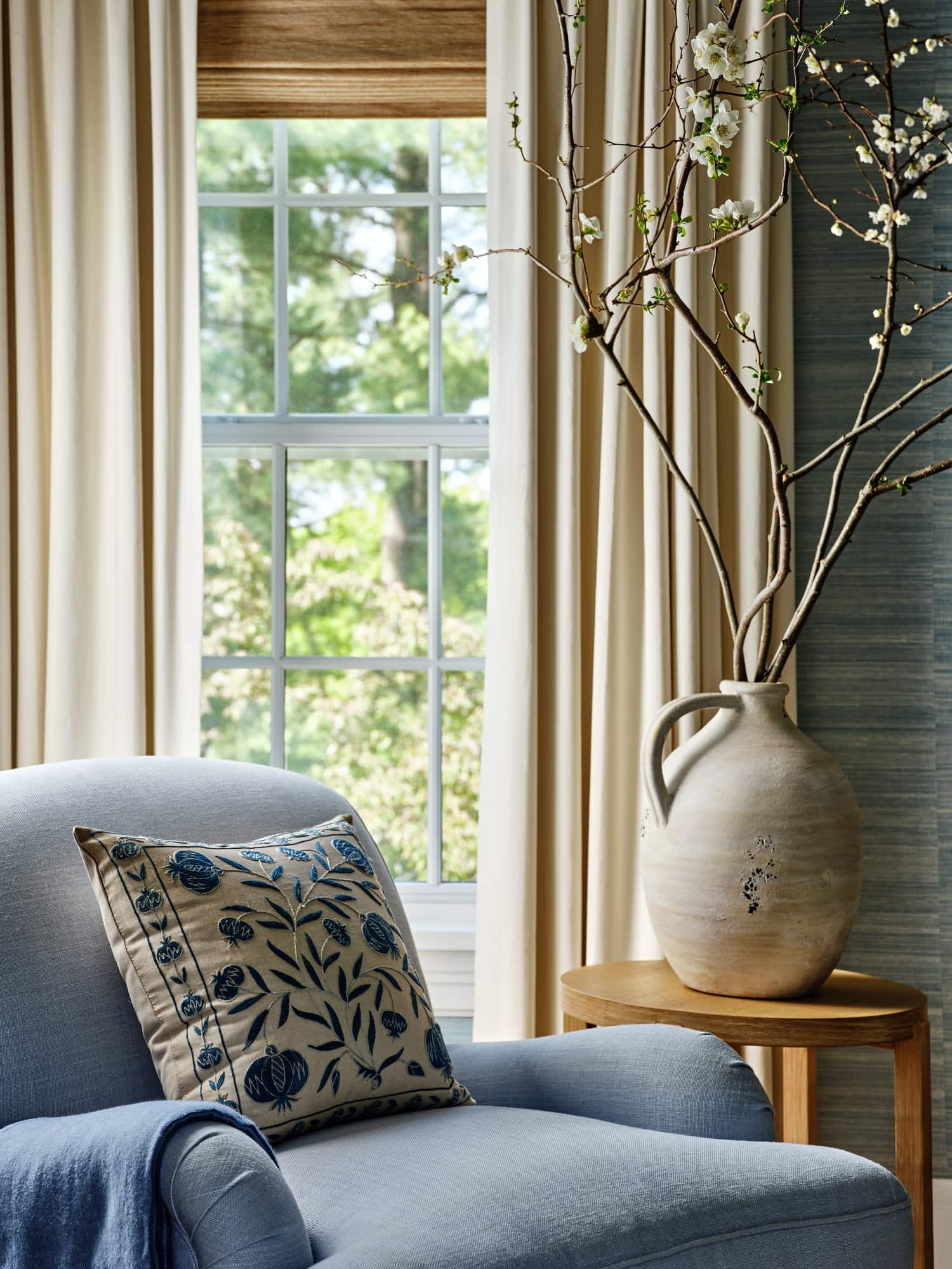 Ariel Okin interior design project New Canaan featuring blue reading nook