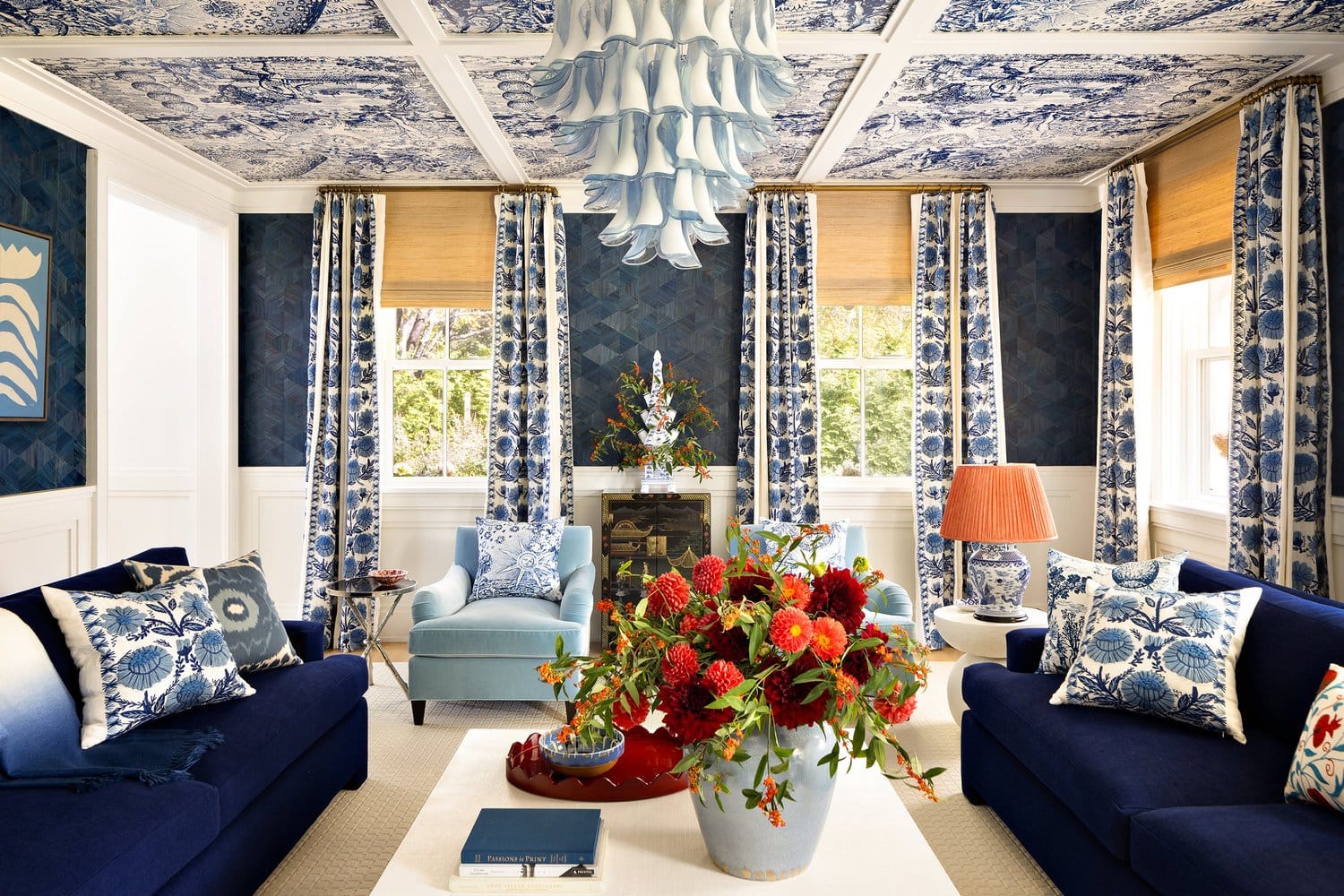 Ariel Okin interior design project South Hampton II featuring blue living room