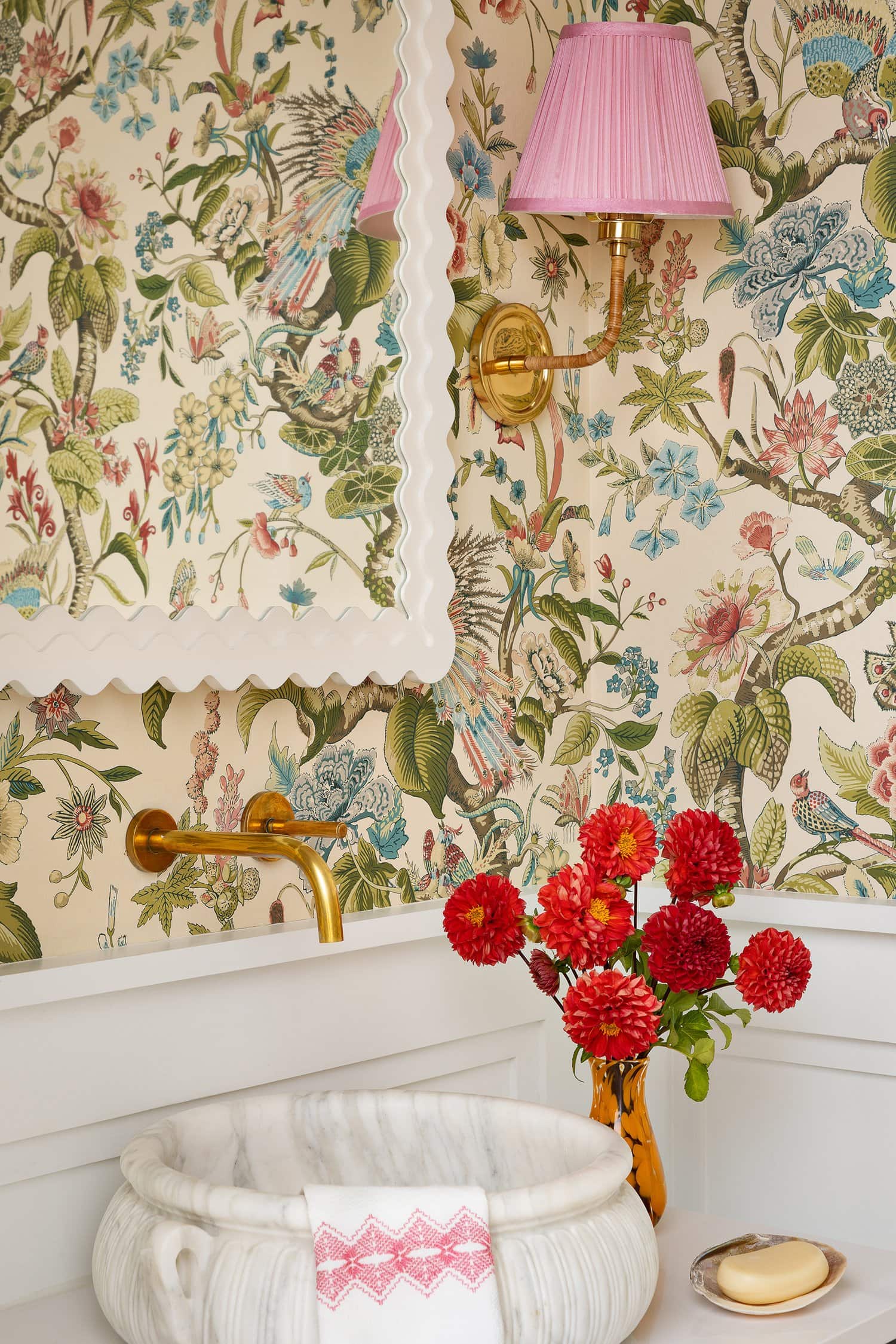 Ariel Okin interior design project South Hampton II featuring powder room with floral wallpaper