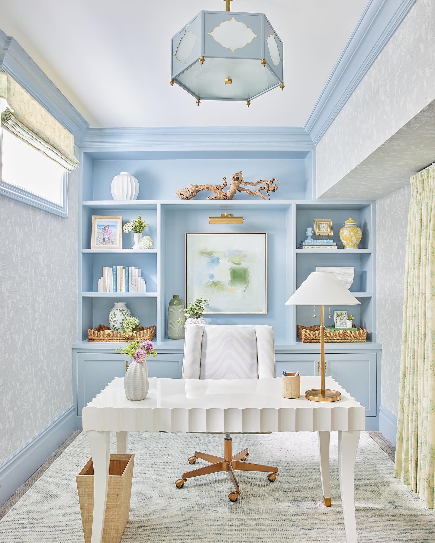 example of mixing patterns and textures in a costal style home office