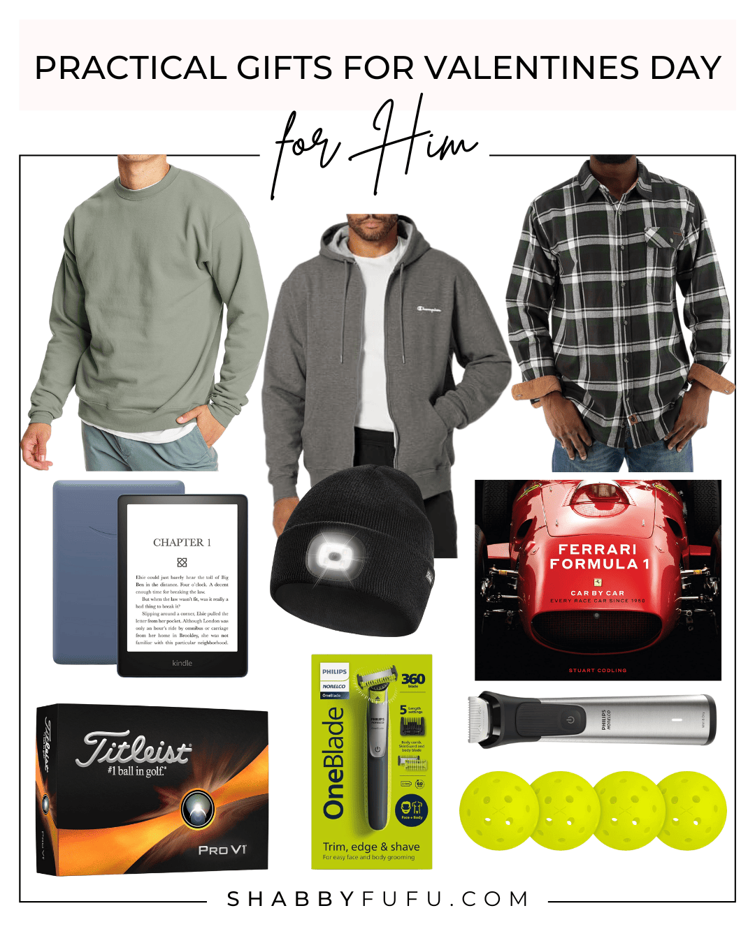 Collage of gift ideas titled "Practical Gifts For Valentine's Day for Him"