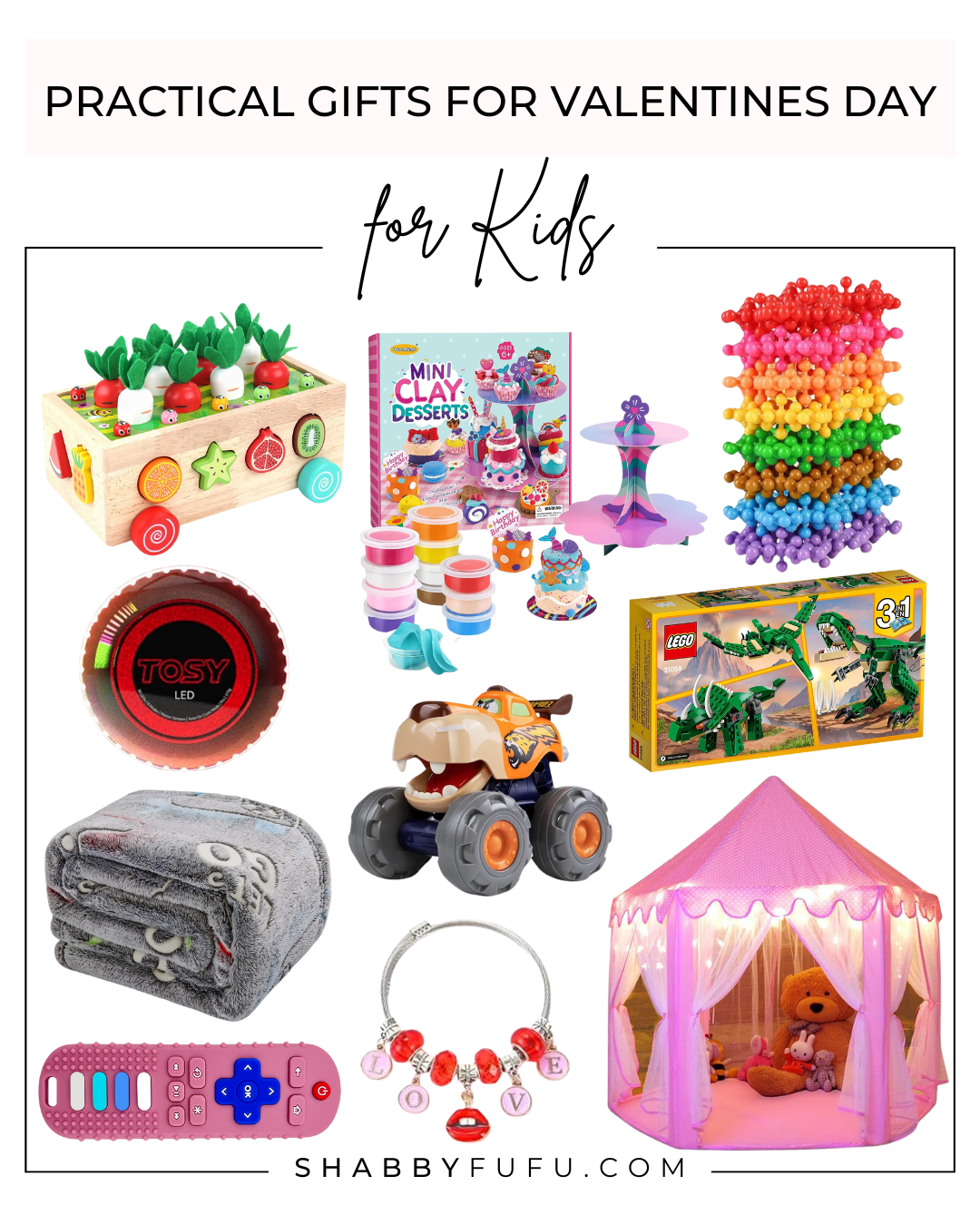 Collage of gift ideas titled "Practical Gifts For Valentine's Day for kids"
