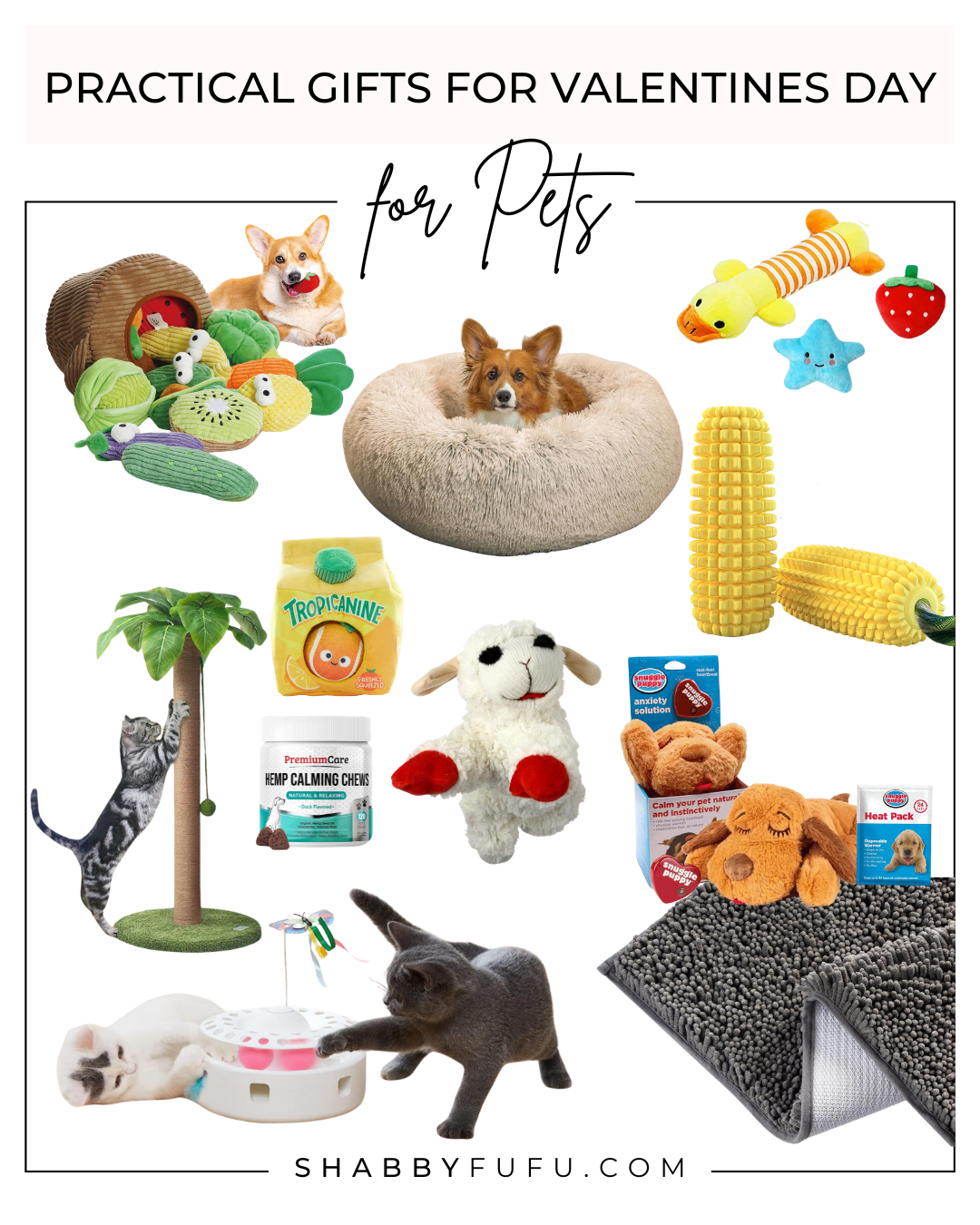 Collage of gift ideas titled "Practical Gifts For Valentine's Day for pets"