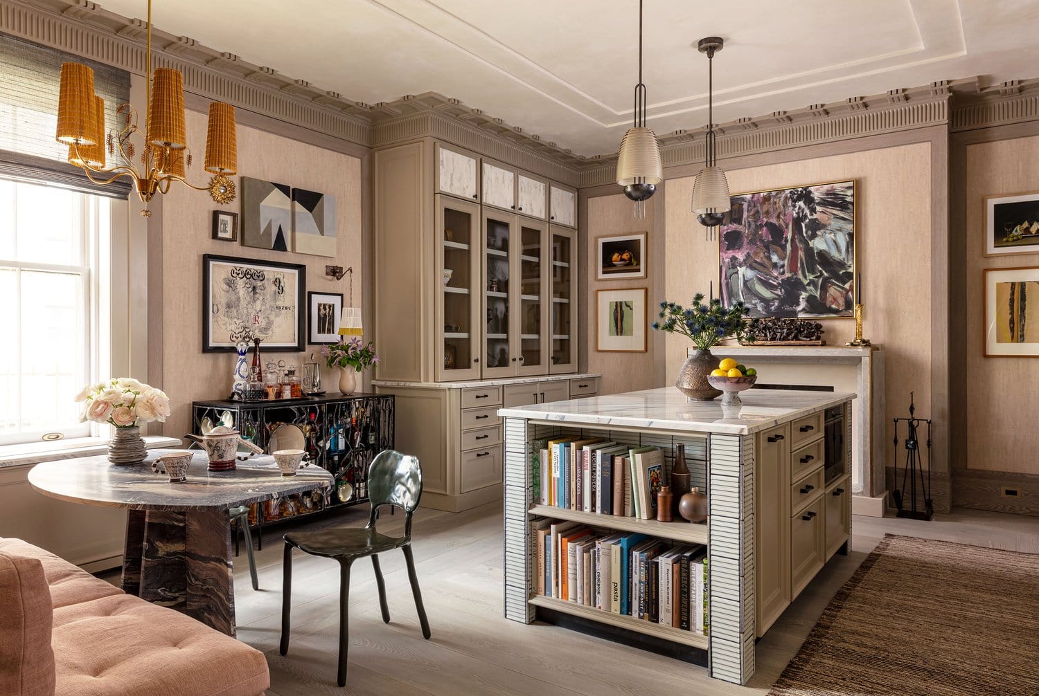 Wesley Moon interior design featuring contemporary dining room with traditional elements.