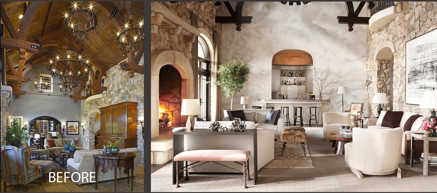 Before and after image of living room by designer Wesley Moon