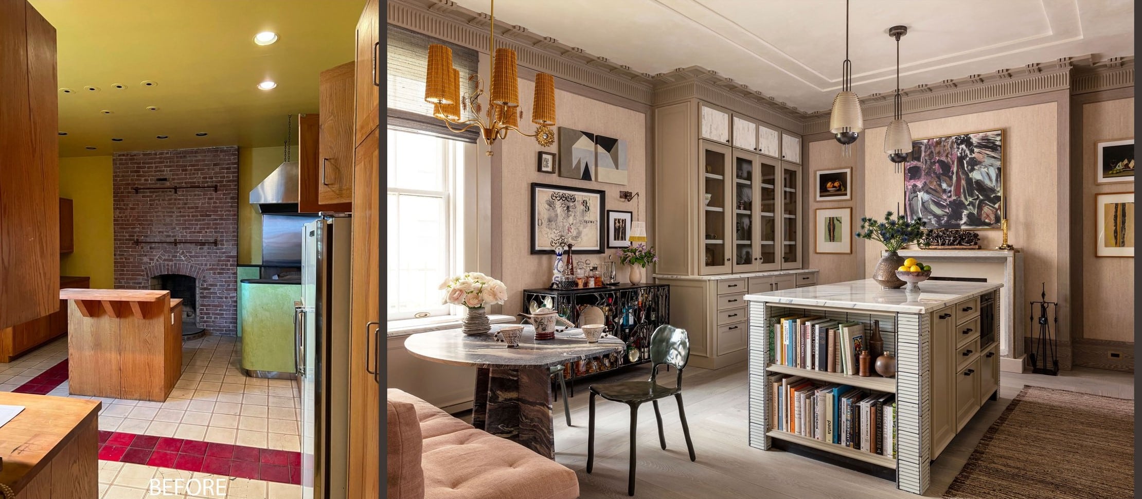 Before and after image of living room and kitchen design by designer Wesley Moon