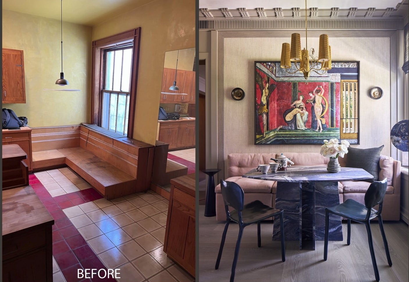 Before and after image of living room and kitchen design by designer Wesley Moon