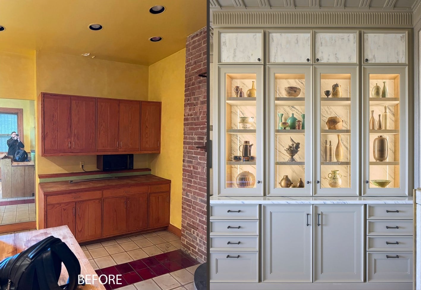 Before and after image of living room and kitchen design by designer Wesley Moon