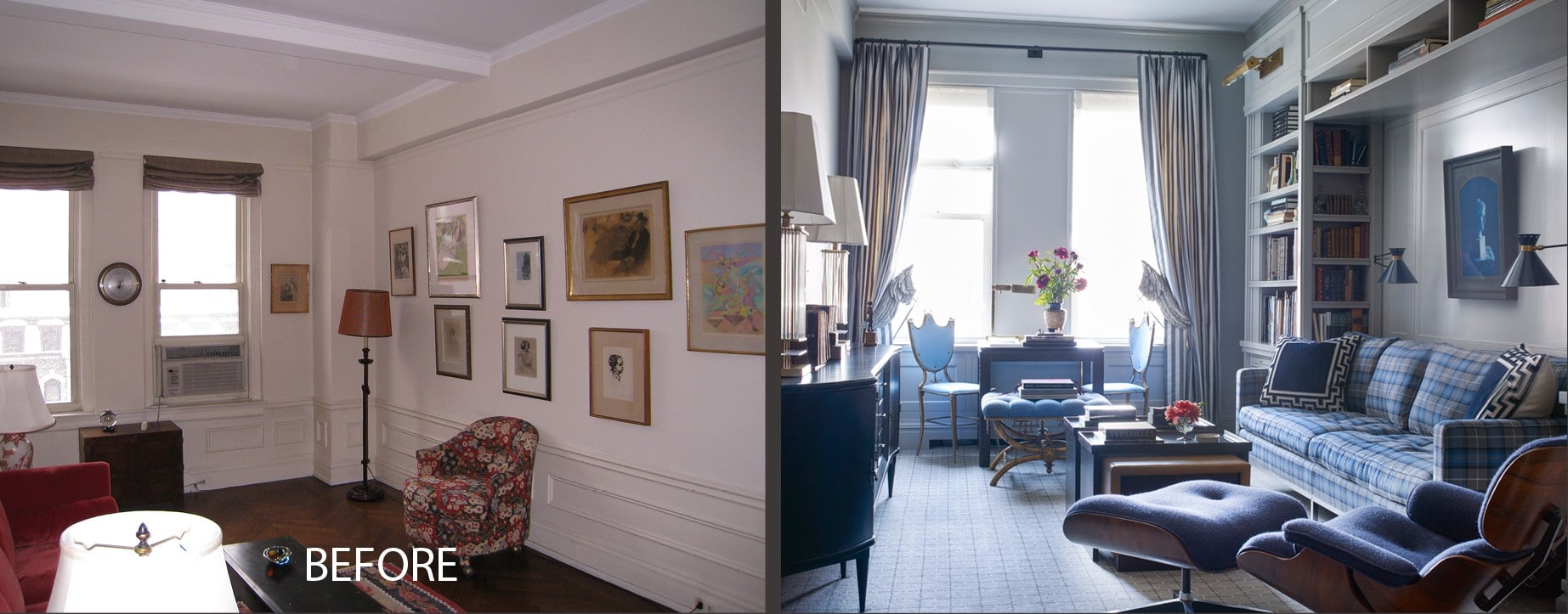 Before and after image of living room and kitchen design by designer Wesley Moon