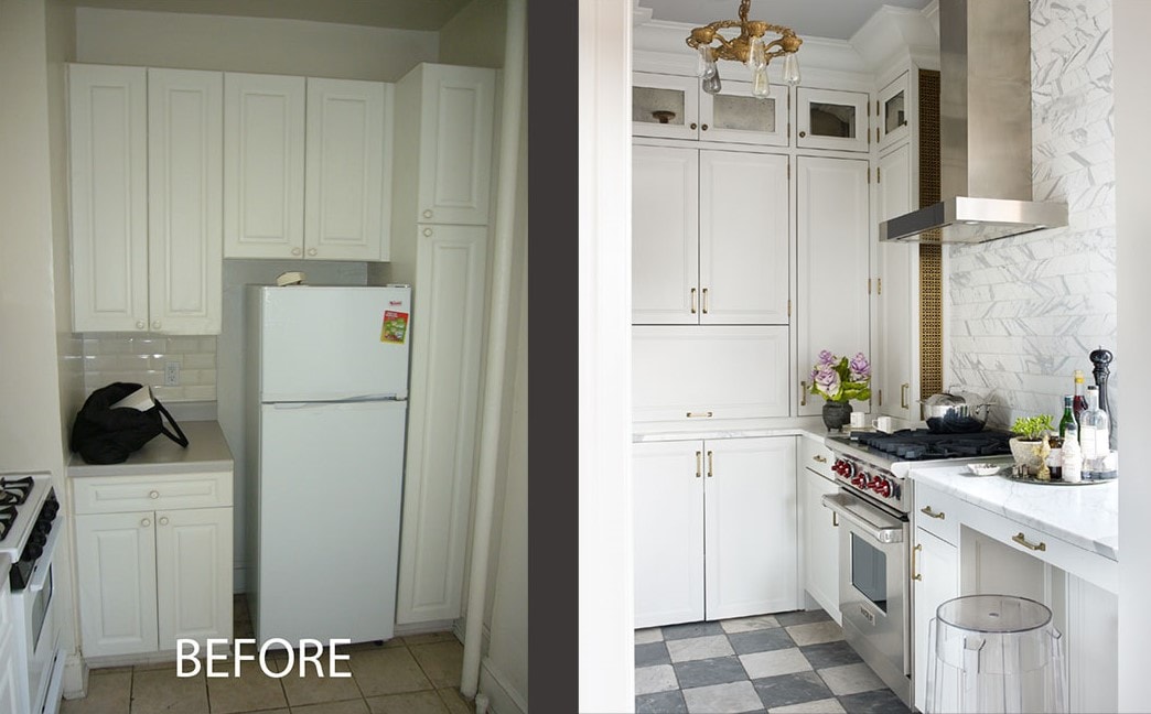 Before and after image of living room and kitchen design by designer Wesley Moon