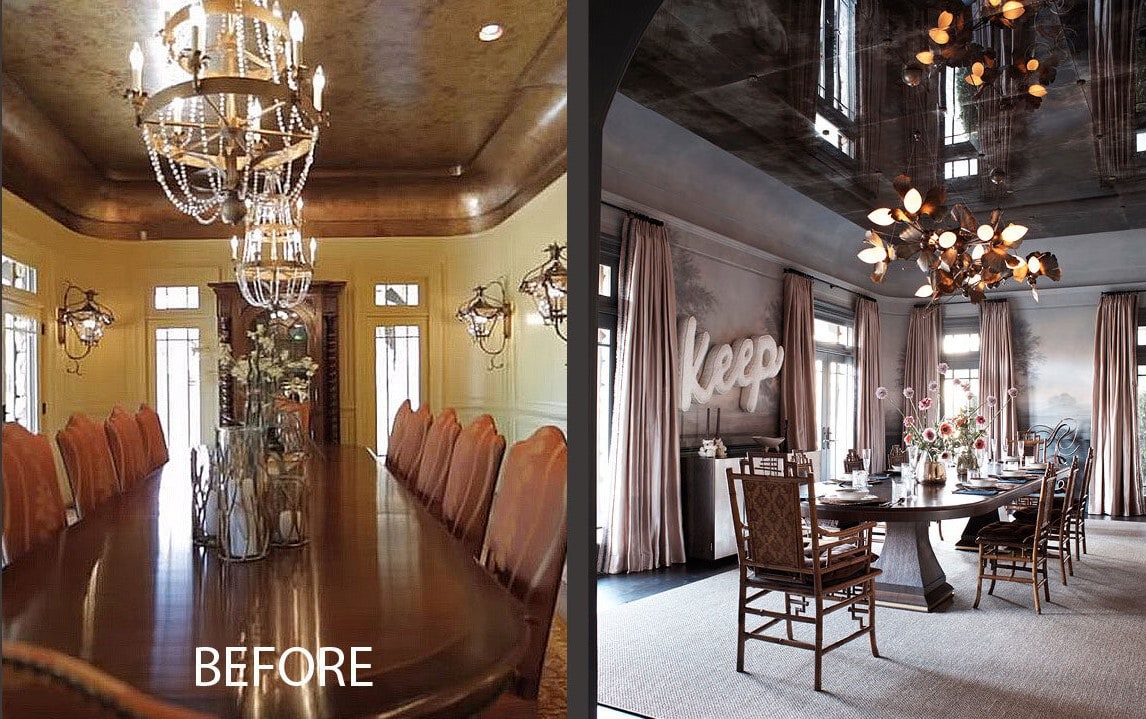 Before and after image of dining room design by designer Wesley Moon