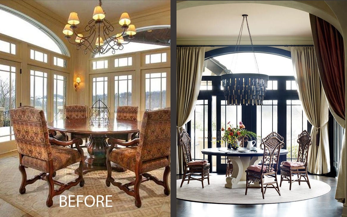 Before and after image of dining room design by designer Wesley Moon