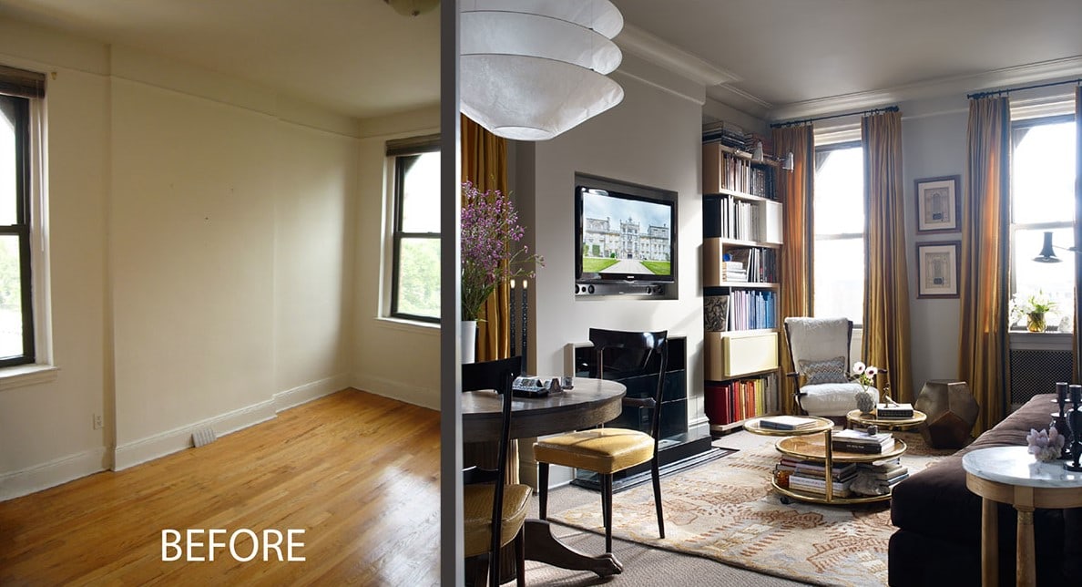 Before and after image of living room and kitchen design by designer Wesley Moon