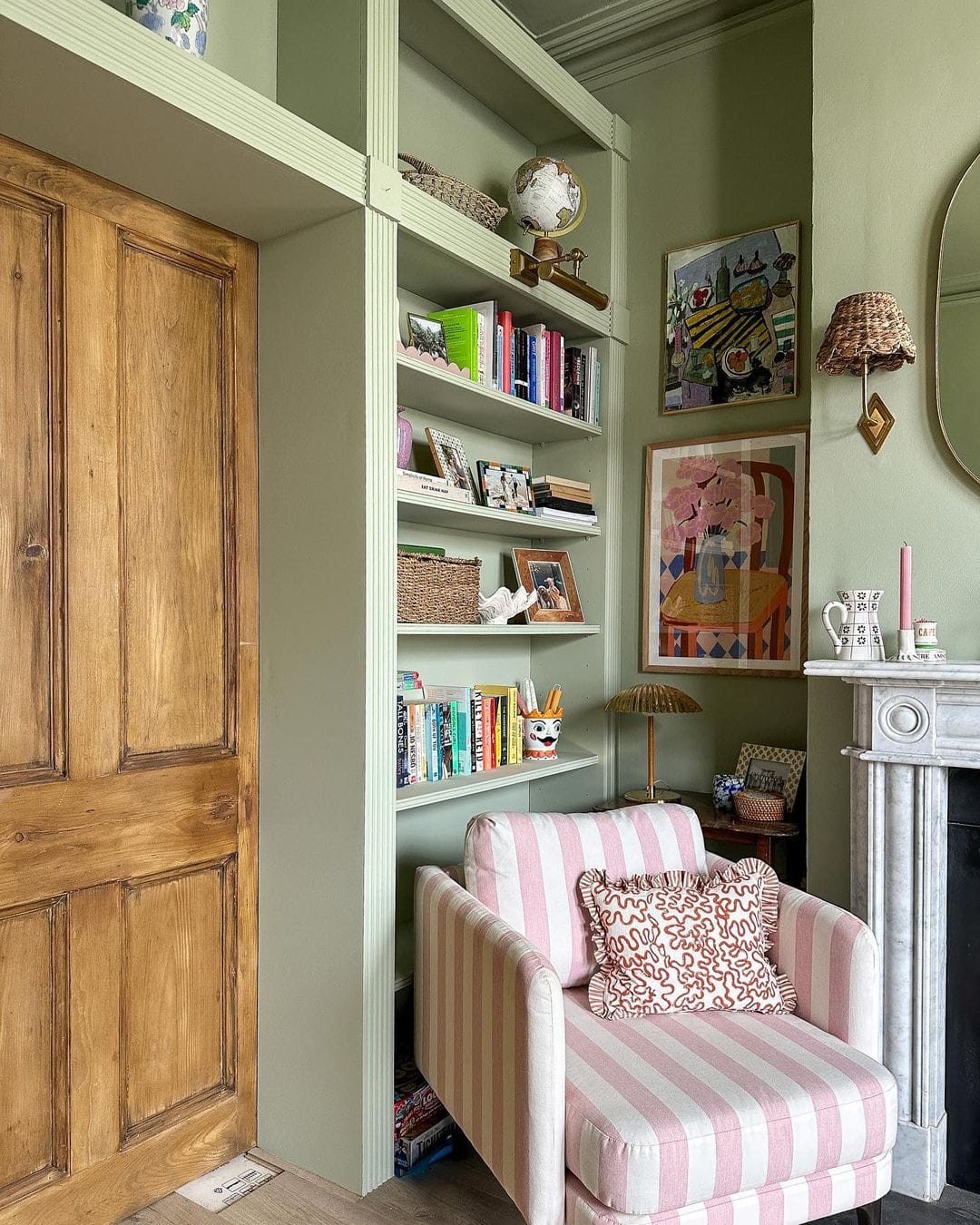 spring color palette idea featuring a green and pink living room