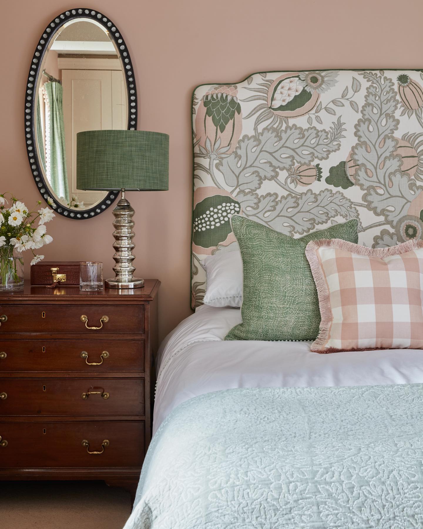 spring color palette idea featuring a green and pink bedroom