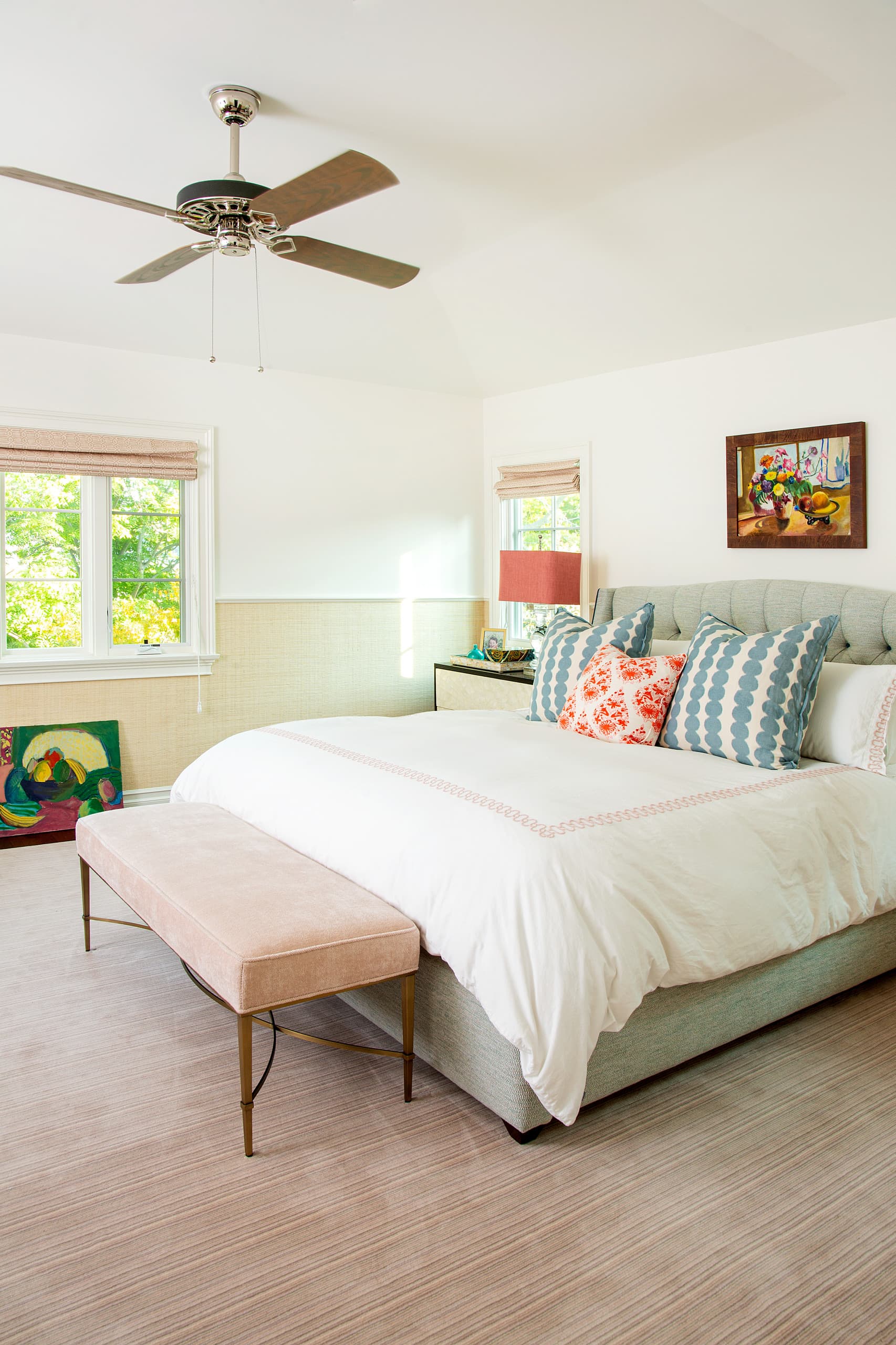 Cheery beach style retreat bedroom featured on home tour