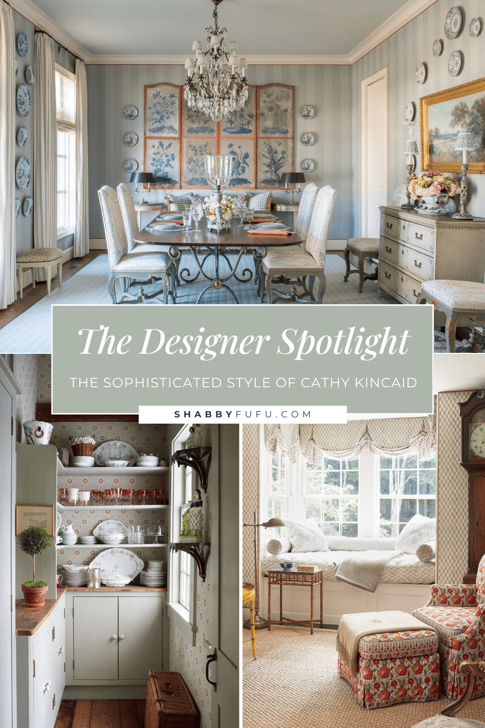 Pinterest decorative image featuring a collage of interior homes titled "Designer Spotlight - the sophisticated style of Cathy Kincaid"