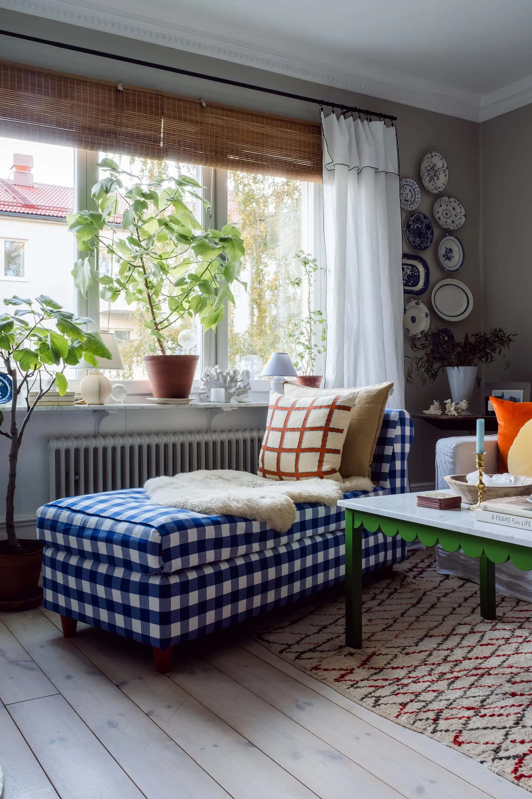 Eclectic style decor idea featuring checkered accent chair