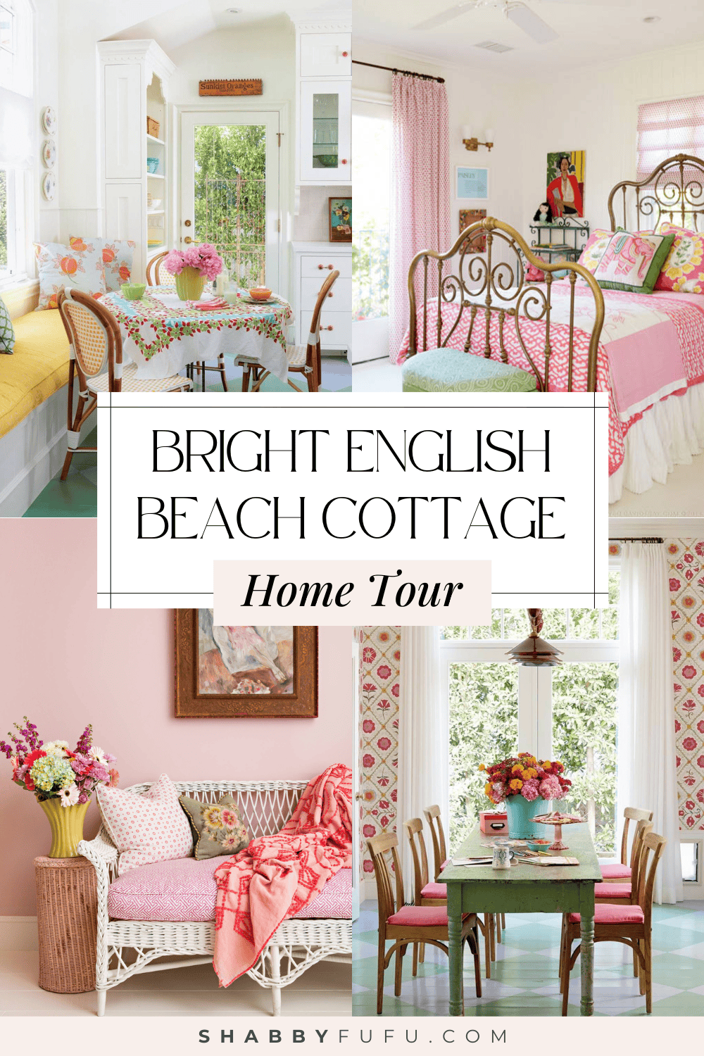 Pinterest decorative grphic featuring a collage of interior design houses titled  "Bright English Beach Cottage Home Tour"