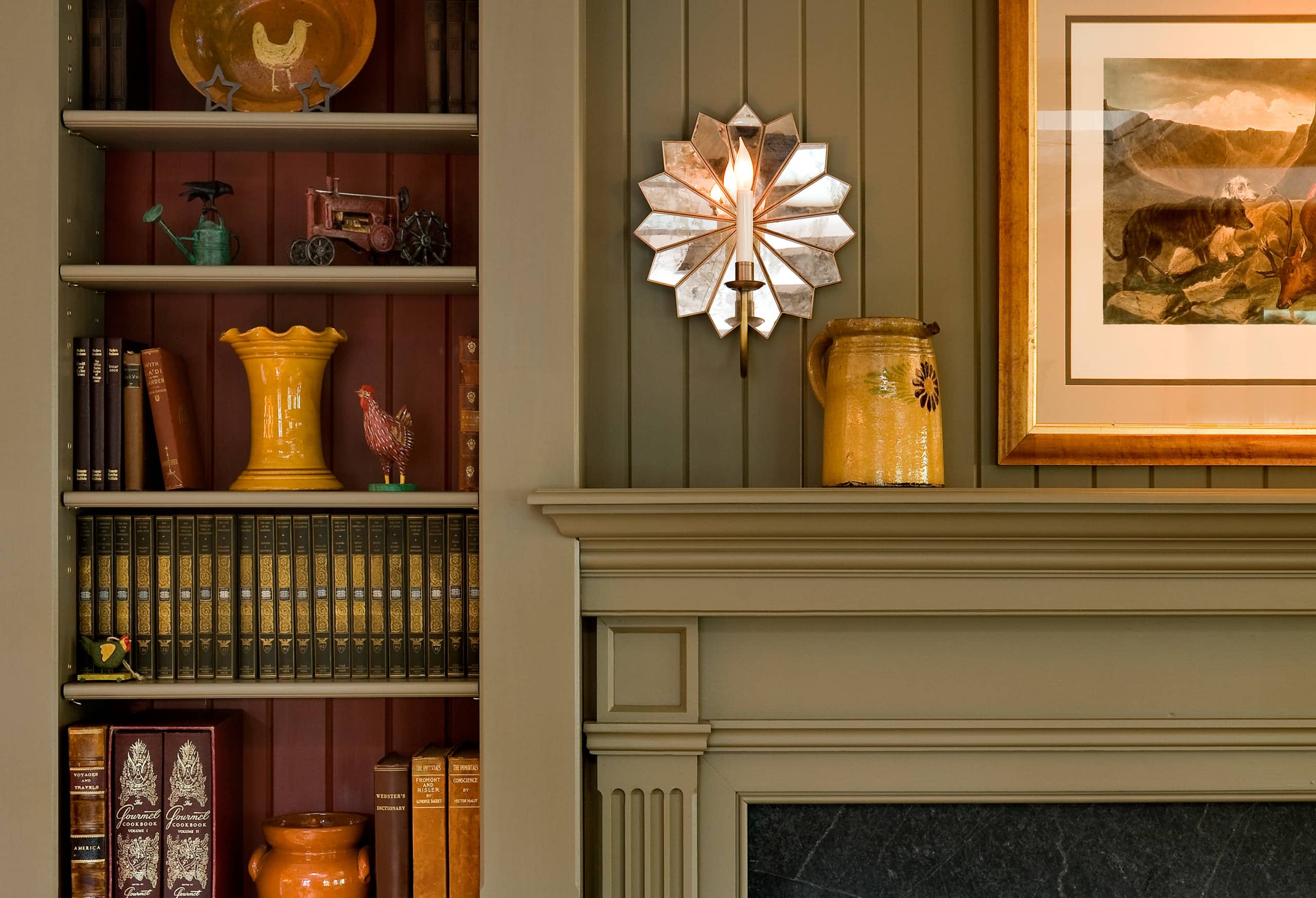 Close up of traditional fireplace featured in home tour