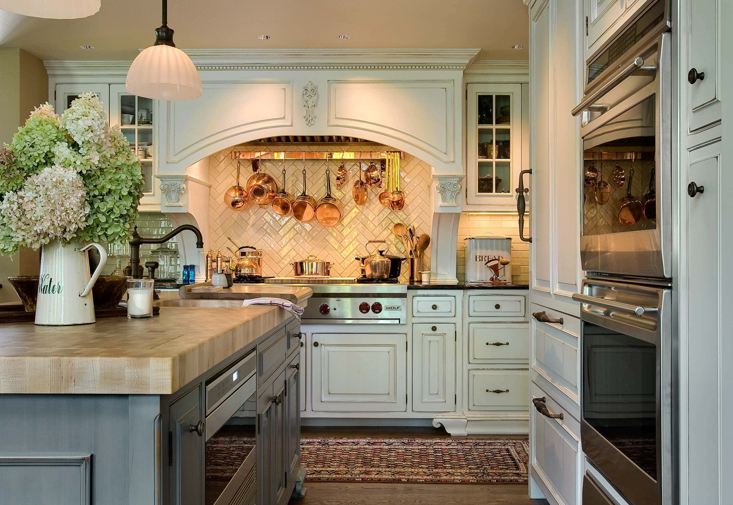 Antique renovated kitchen room featured in home tour with traditional style