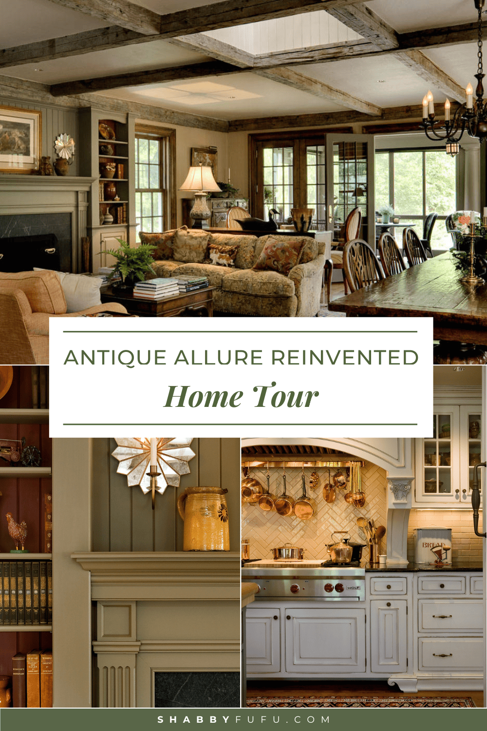 Pinterest decorative graphic featuring a collage of home interiors pictures with title "Antique Allure Reinvented Home Tour"